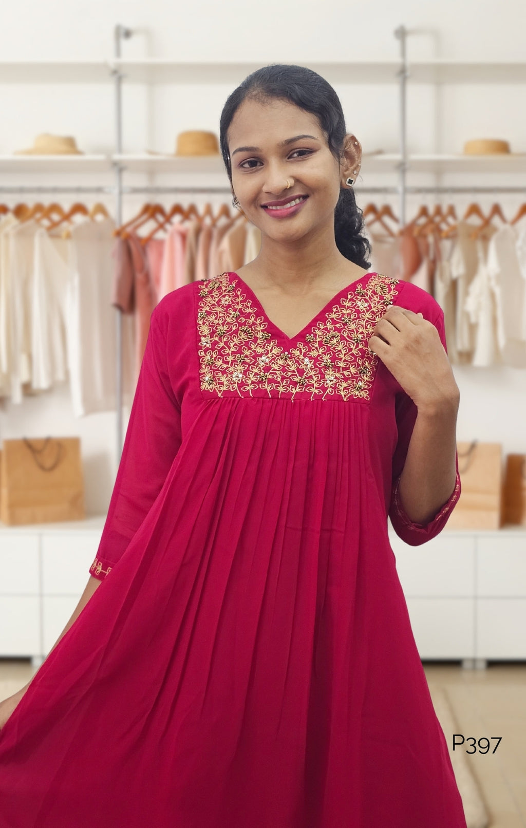 Deep Pink Georgette Embroidered A-Line Kurti