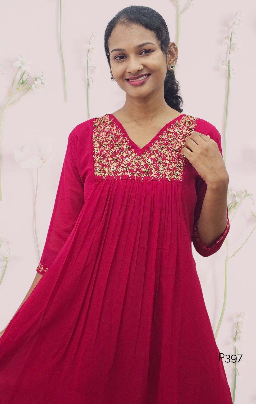 Deep Pink Georgette Embroidered A-Line Kurti