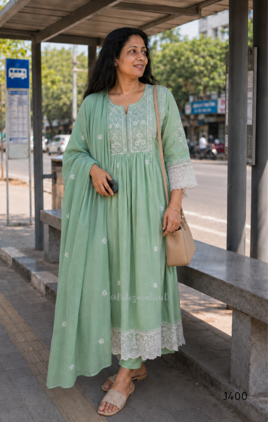 Sage green cotton churidar set with lining, white embroidery, lace border and matching dupatta. Available at Beleza Calicut