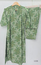 Sage green silk blend top and bottom coord set with cream floral print and gold-toned detailing.