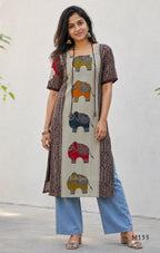 Sand beige silk blend long kurta with multicolour elephant motifs, maroon chevron side panels and contrast half sleeves.