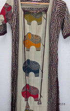 Sand beige silk blend long kurta with multicolour elephant motifs, maroon chevron side panels and contrast half sleeves.