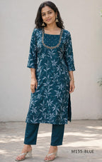 Silk blend 2-piece set with botanical printed straight kurta, embellished deep neckline, three-quarter sleeves and matching plain bottom.