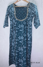 Silk blend 2-piece set with botanical printed straight kurta, embellished deep neckline, three-quarter sleeves and matching plain bottom.