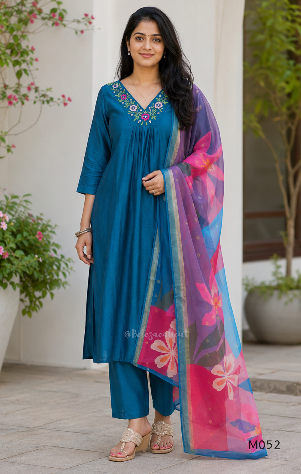 Silk blend 3-piece churidar set in teal, rani pink and rust shades with floral V-neck embroidery, printed dupatta and straight pant.