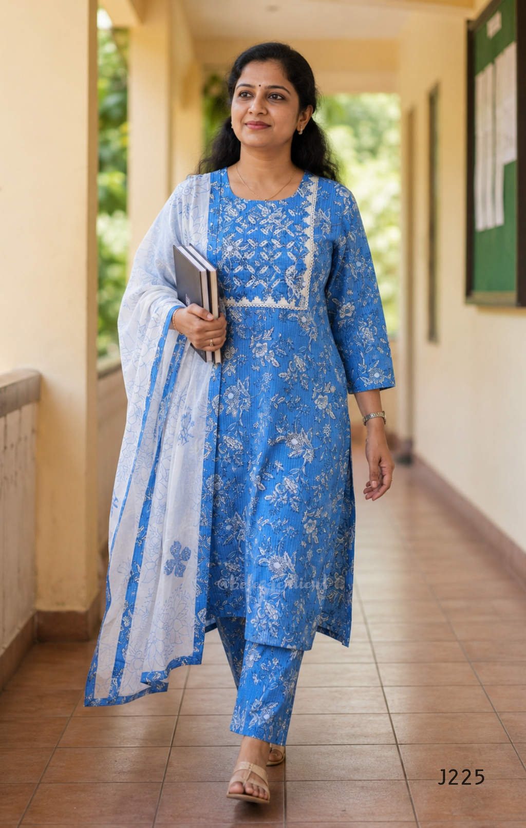 Sky blue premium kantha cotton churidar set with white floral print, applique yoke and cotton dupatta. Available at Beleza Calicut.