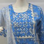 Sky blue premium kantha cotton churidar set with white floral print, applique yoke and cotton dupatta. Available at Beleza Calicut.