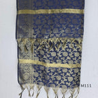 Soft gold tissue silk blend 3-piece set with gold front embroidery, matching bottom and deep navy antique gold zari dupatta.