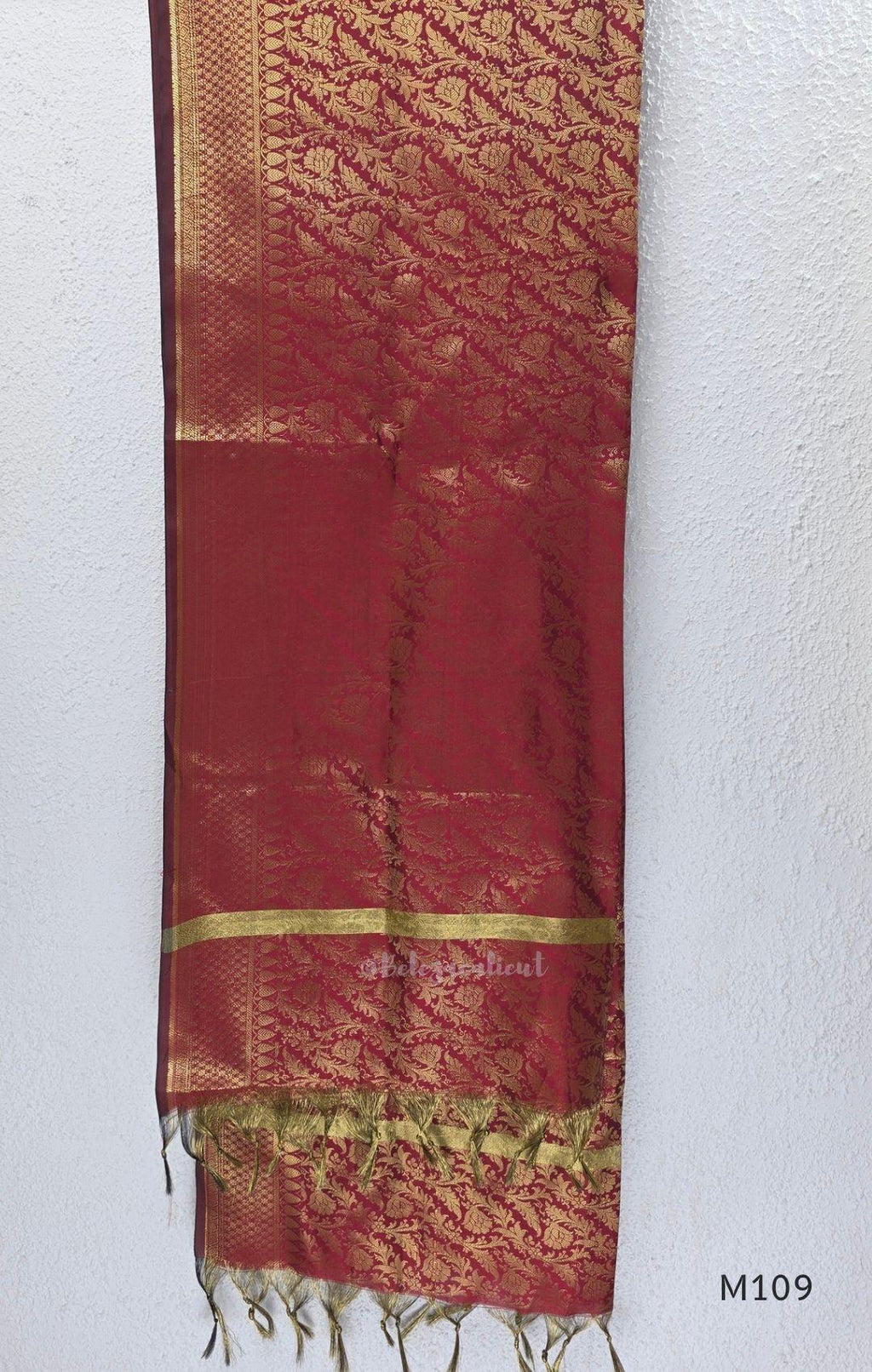 Soft gold tissue silk blend 3-piece set with red neckline bead work, matching bottom and deep maroon antique gold zari dupatta.