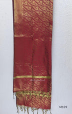 Soft gold tissue silk blend 3-piece set with red neckline bead work, matching bottom and deep maroon antique gold zari dupatta.