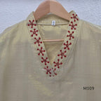 Soft gold tissue silk blend 3-piece set with red neckline bead work, matching bottom and deep maroon antique gold zari dupatta.