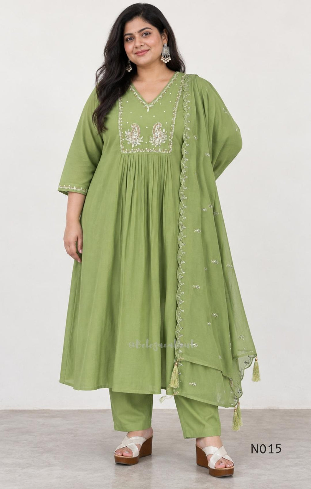 Soft olive green Mul Chanderi full churidar set with embroidered A-line kurta, straight-leg pants and matching embroidered dupatta.