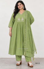 Soft olive green Mul Chanderi full churidar set with embroidered A-line kurta, straight-leg pants and matching embroidered dupatta.