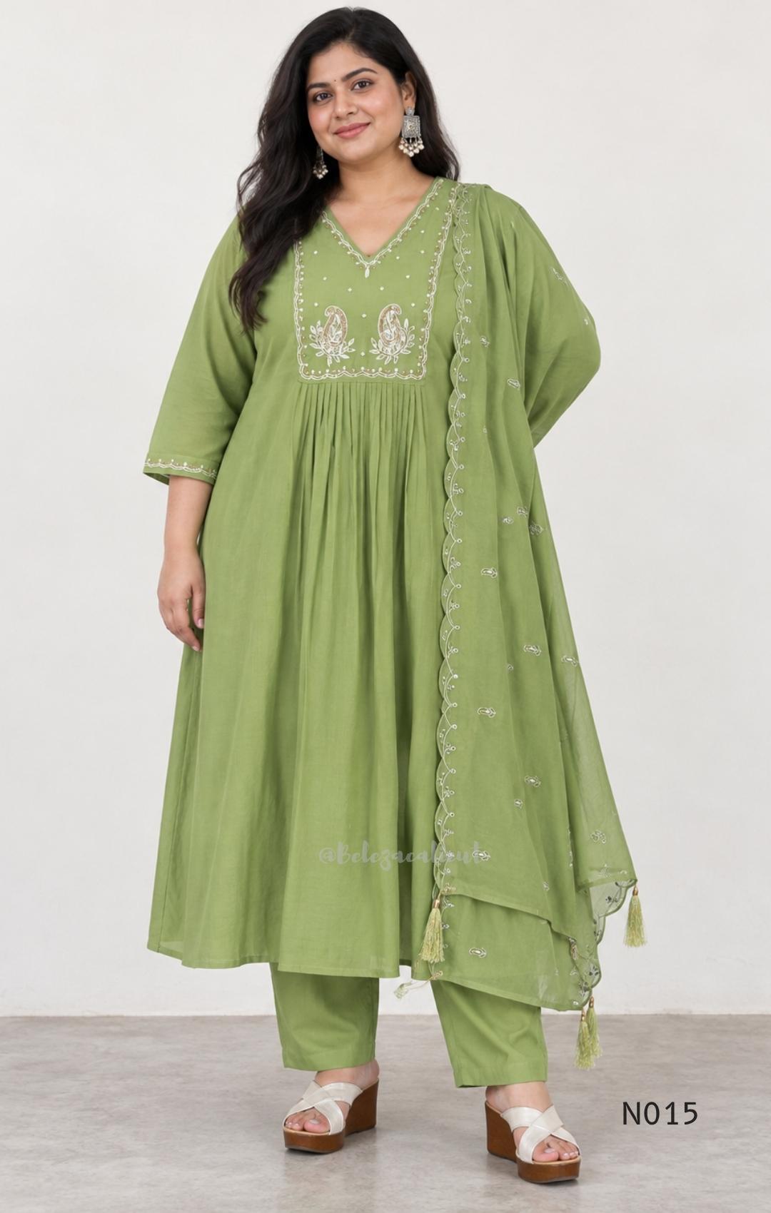 Soft olive green Mul Chanderi full churidar set with embroidered A-line kurta, straight-leg pants and matching embroidered dupatta.