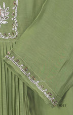 Soft olive green Mul Chanderi full churidar set with embroidered A-line kurta, straight-leg pants and matching embroidered dupatta.