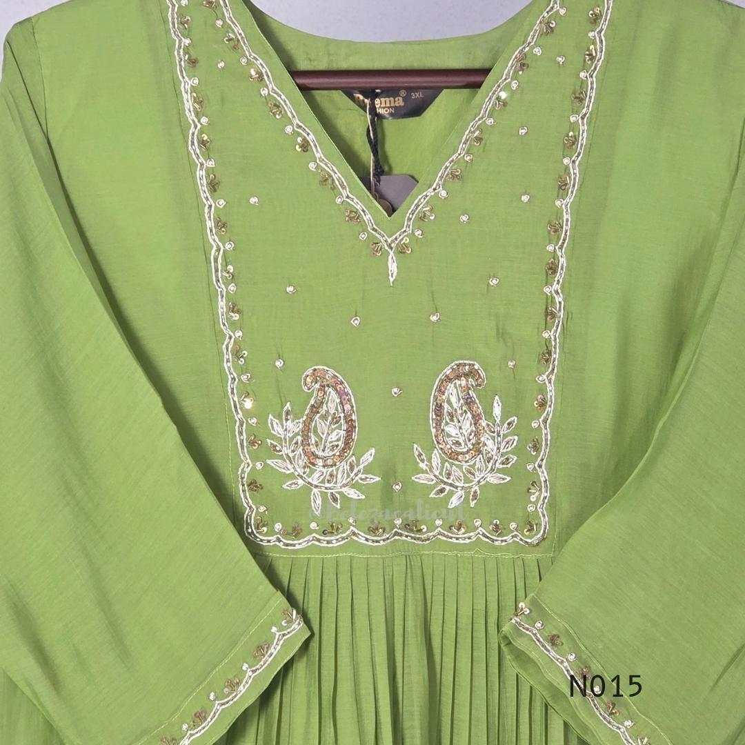 Soft olive green Mul Chanderi full churidar set with embroidered A-line kurta, straight-leg pants and matching embroidered dupatta.