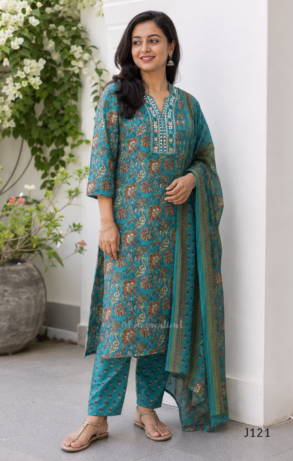 Teal blue Jaipur cotton churidar set with floral print, mirror-work neckline, matching printed bottom and dupatta.