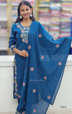 Woman wearing a blue embroidered traditional outfit with a matching dupatta.