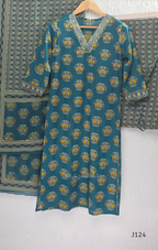 Teal green Jaipur cotton churidar set with V-neck detail, circular print, striped bottom and matching printed dupatta.