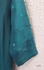 Teal mul chanderi A-line kurti with V-neck, gathered front panel, 3/4 sleeves and tonal embroidered motifs.