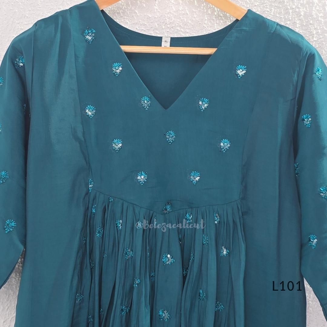 Teal mul chanderi A-line kurti with V-neck, gathered front panel, 3/4 sleeves and tonal embroidered motifs.