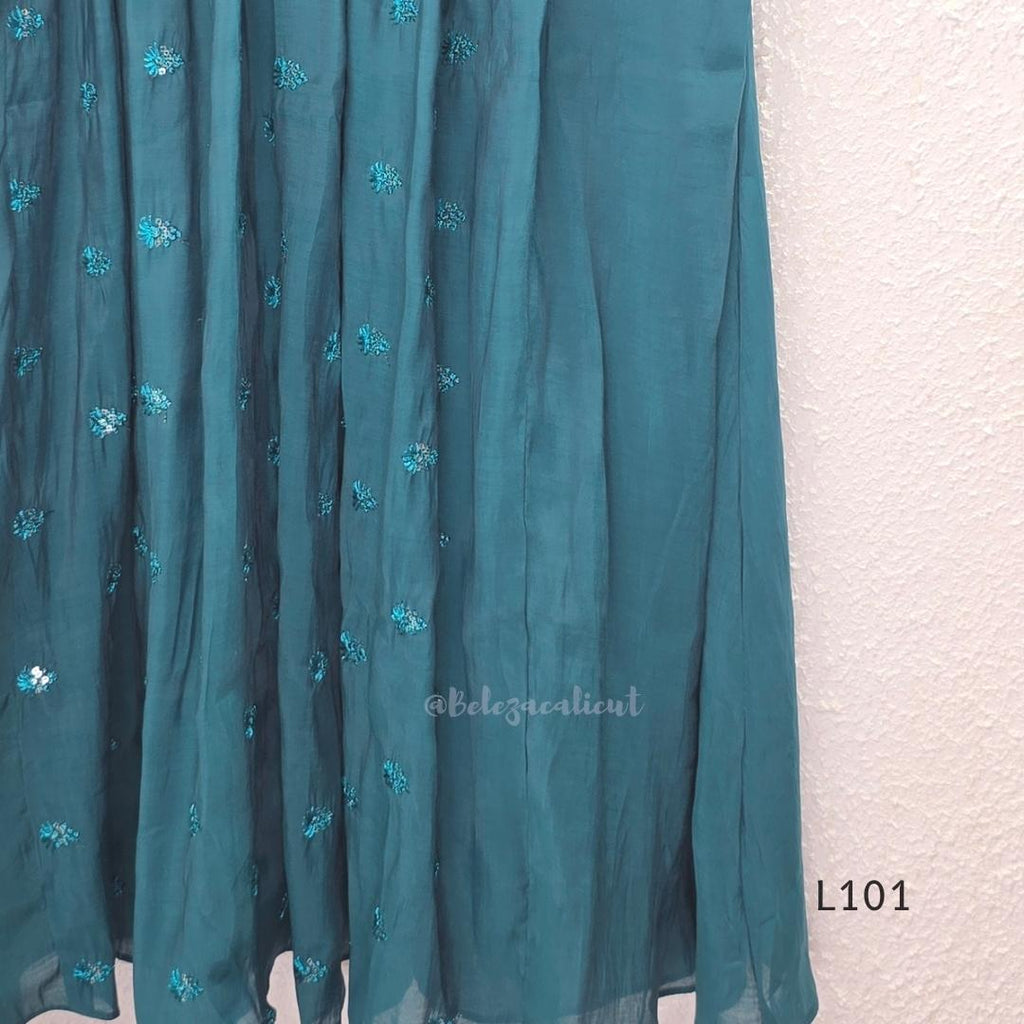 Teal mul chanderi A-line kurti with V-neck, gathered front panel, 3/4 sleeves and tonal embroidered motifs.