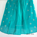 Teal Vertigan silk two-piece coord set with pleated A-line top, gold circular motifs and matching straight pants.