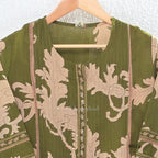 Olive green cotton 3-piece ethnic set with beige leaf print kurta, matching printed pant and dupatta.