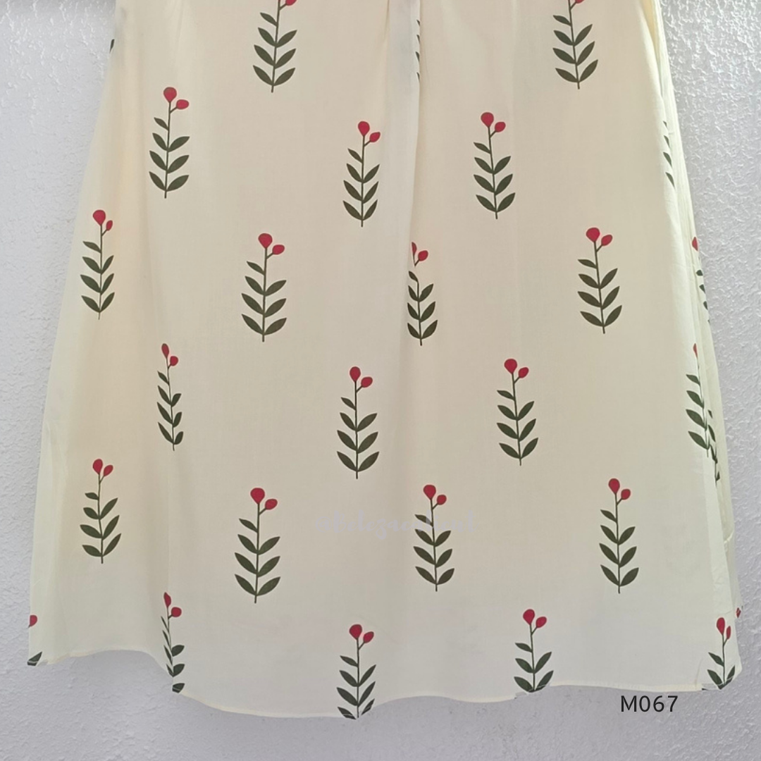 Warm ivory cotton lined 2-piece set with green stem and rose-pink blossom print, V-neckline, gathered front yoke and matching bottom.