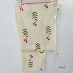 Warm ivory cotton lined 2-piece set with green stem and rose-pink blossom print, V-neckline, gathered front yoke and matching bottom.