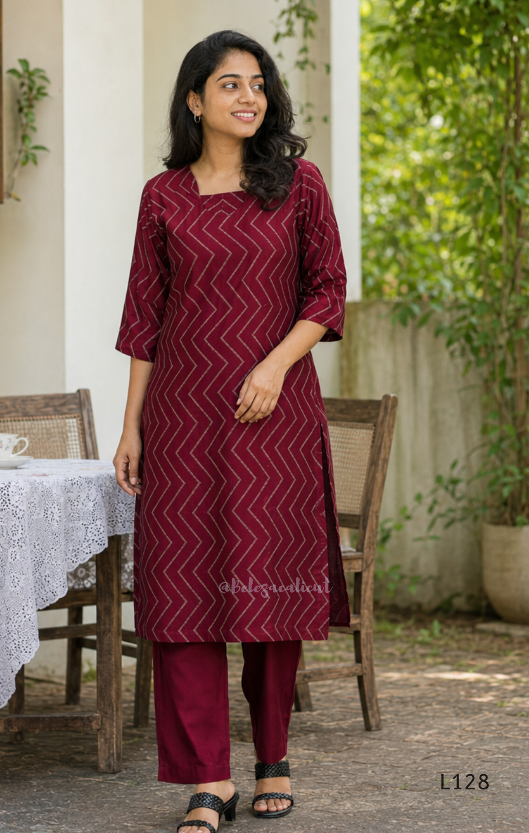 Wine maroon soft silk blend 2-piece kurti set with beige silver chevron line print, short sleeves, V neckline and matching plain bottom.