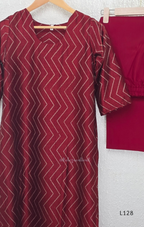 Wine maroon soft silk blend 2-piece kurti set with beige silver chevron line print, short sleeves, V neckline and matching plain bottom.