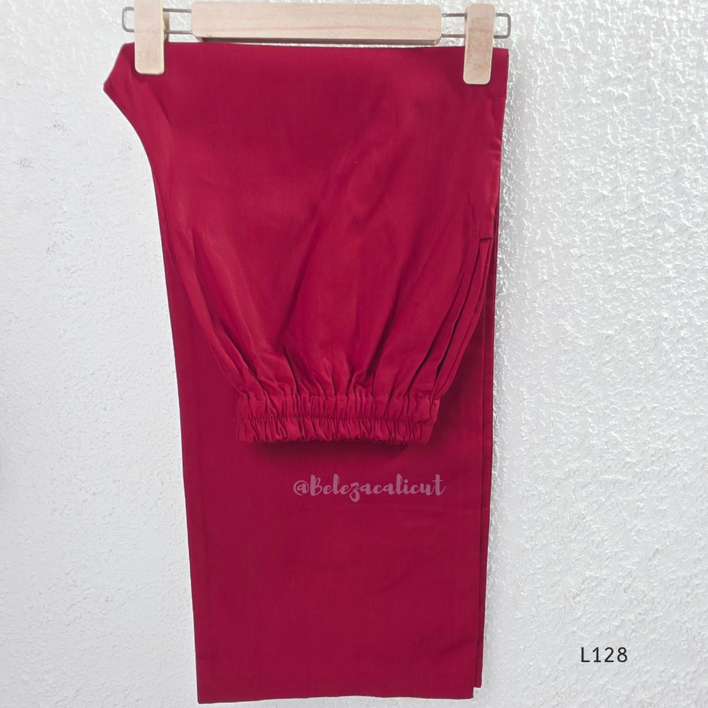 Wine maroon soft silk blend 2-piece kurti set with beige silver chevron line print, short sleeves, V neckline and matching plain bottom.