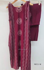  Wine Vertigan silk printed coord set with sleeveless shoulder-tie top and matching straight pants.