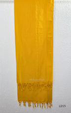 Yellow cotton lined 3-piece ethnic set with V-neck pintuck yoke, matching straight pant and textured tassel dupatta.