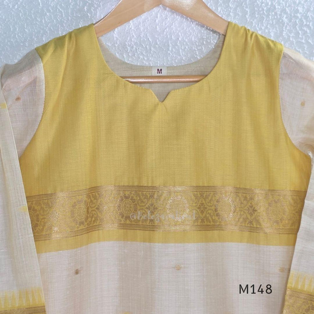 Yellow and cream tissue blend churidar set with woven gold-toned borders, scattered motifs, straight pants and matching dupatta.