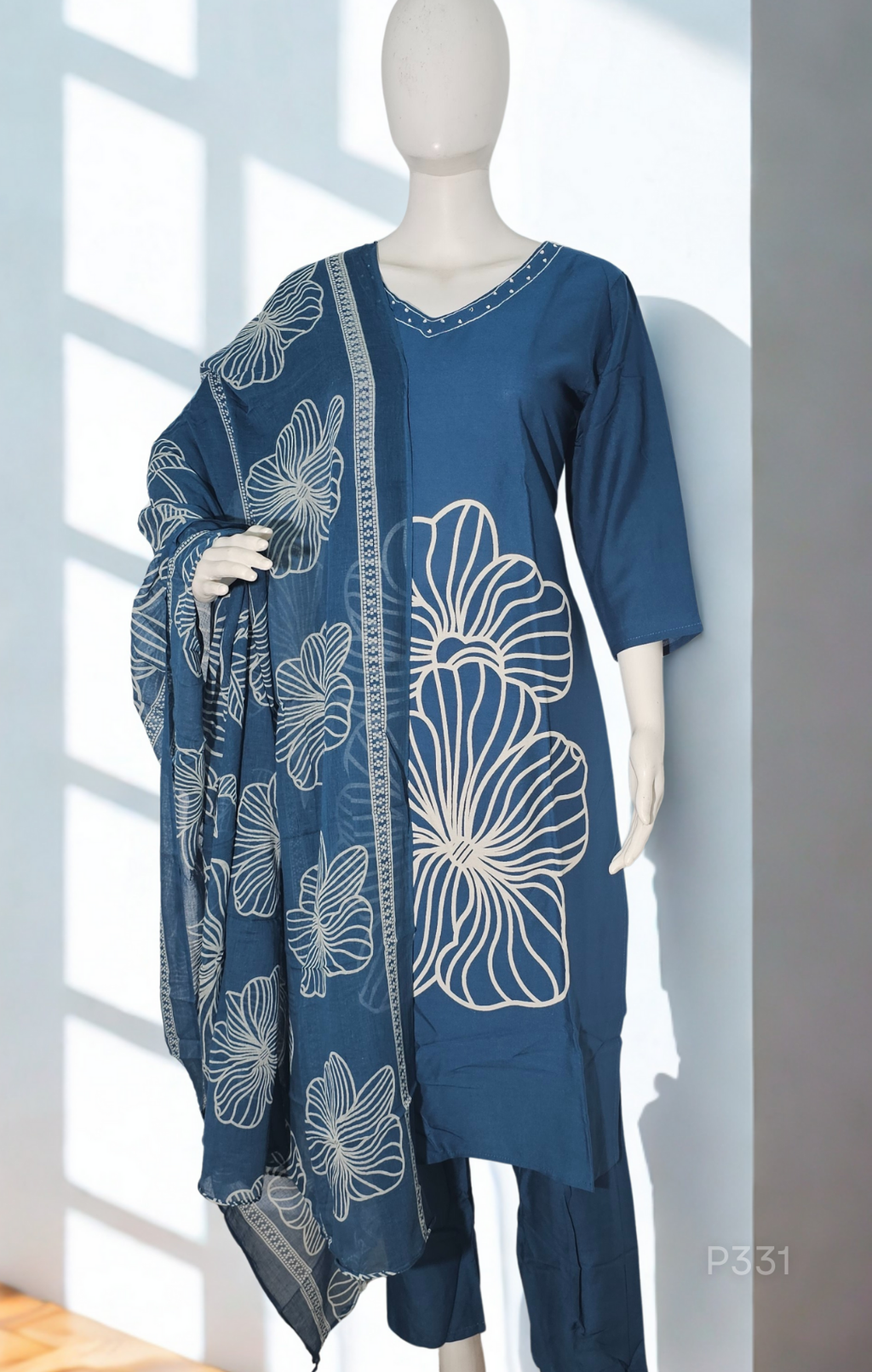Azure Bloom Cotton Kurta Set