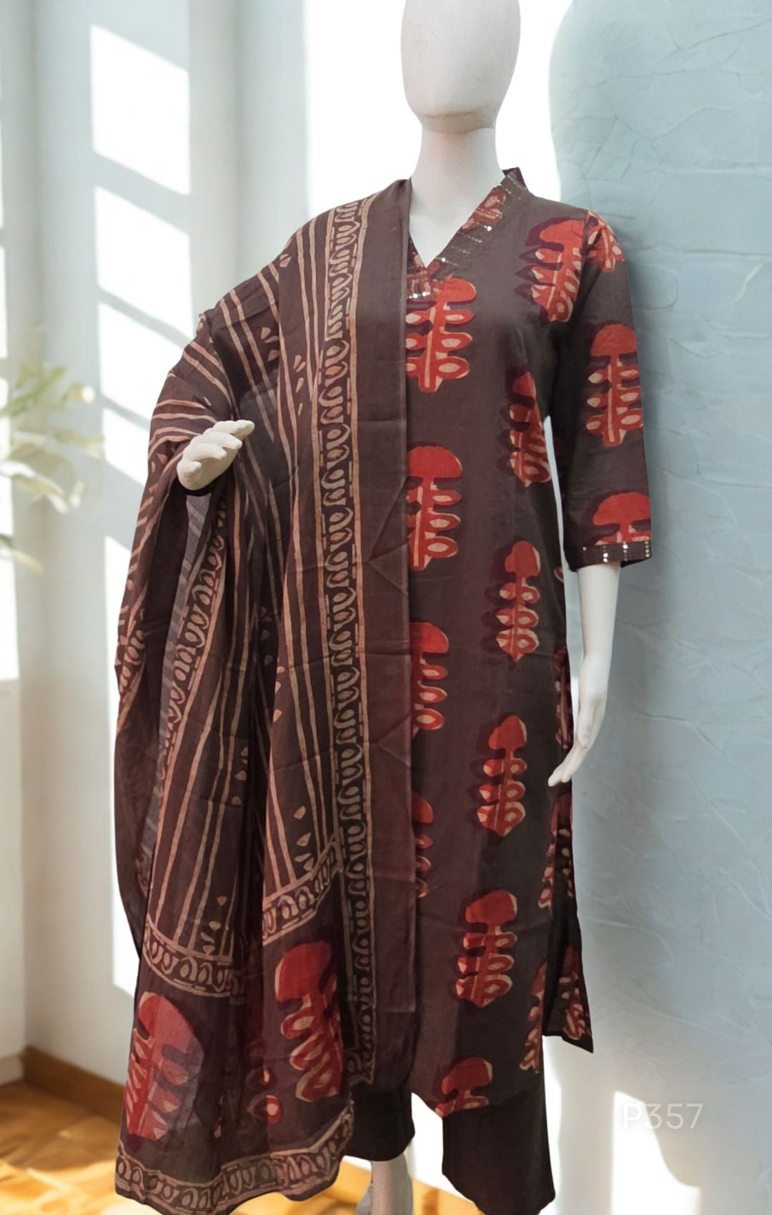 Brown & Maroon Handblock Pattern Cotton Suit Set