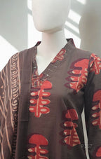 Brown & Maroon Handblock Pattern Cotton Suit Set