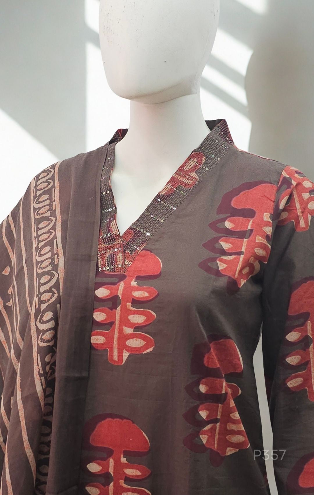 Brown & Maroon Handblock Pattern Cotton Suit Set