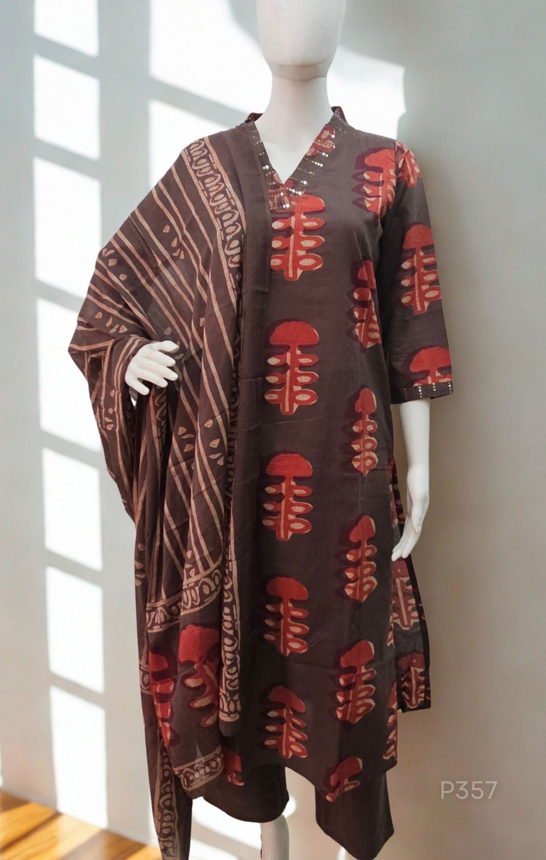 Brown & Maroon Handblock Pattern Cotton Suit Set