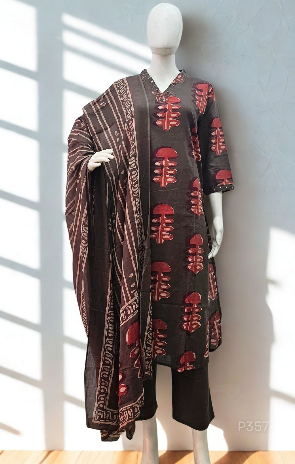 Brown & Maroon Handblock Pattern Cotton Suit Set