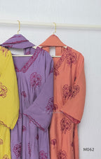 Mul chanderi A-line 3-piece churidar set in coral, lavender, mustard and rust orange with thread work.