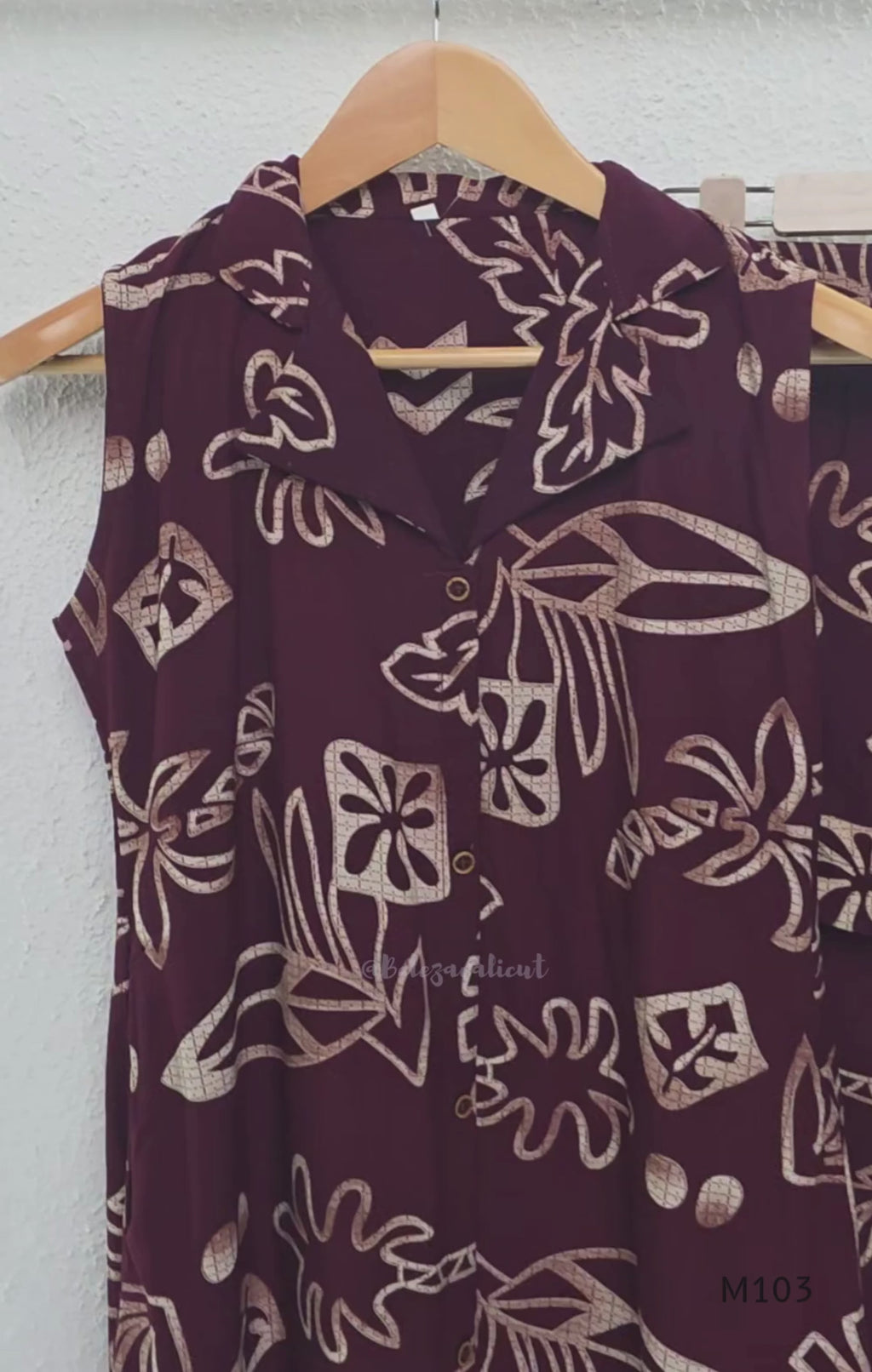 Deep plum rayon A-line 2-piece set with beige abstract print, collar neckline, front buttons and matching printed bottom.