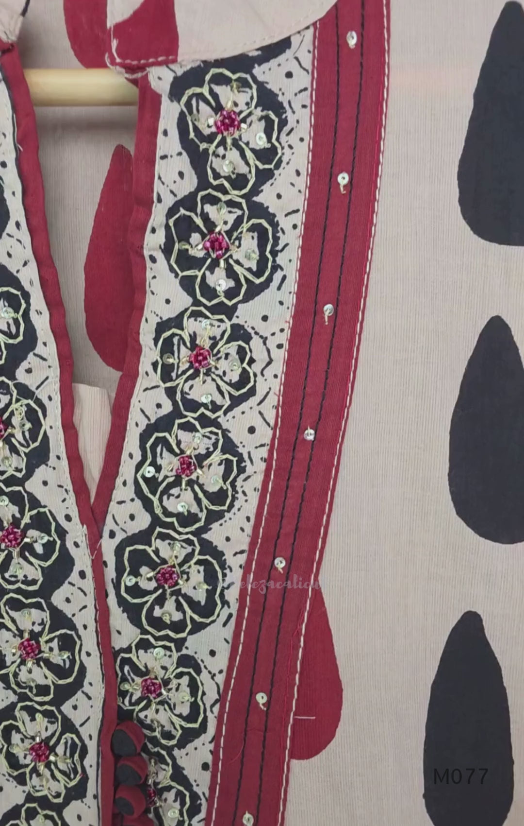 Beige Cotton Churidar Set with Red-Black Drop Motif and Embroidered Neckline