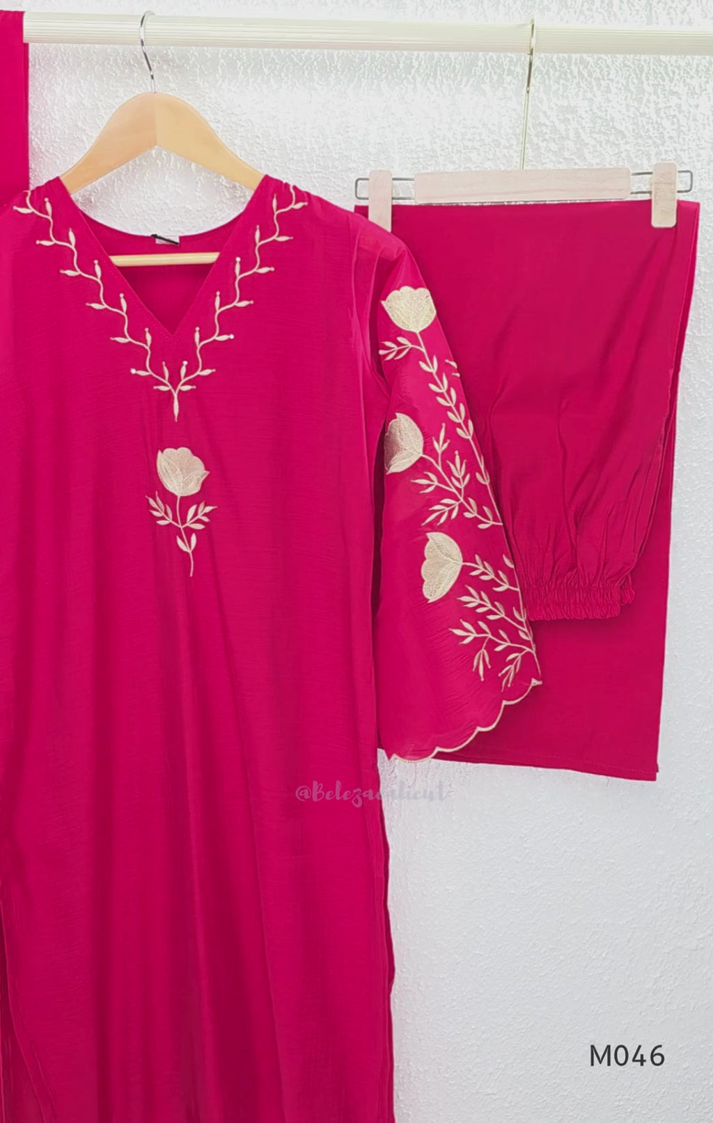 Bright rani red mul chanderi 3-piece churidar set with beige floral embroidery, scallop dupatta border and relaxed fit.