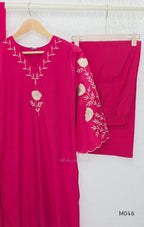 Bright rani red mul chanderi 3-piece churidar set with beige floral embroidery, scallop dupatta border and relaxed fit.