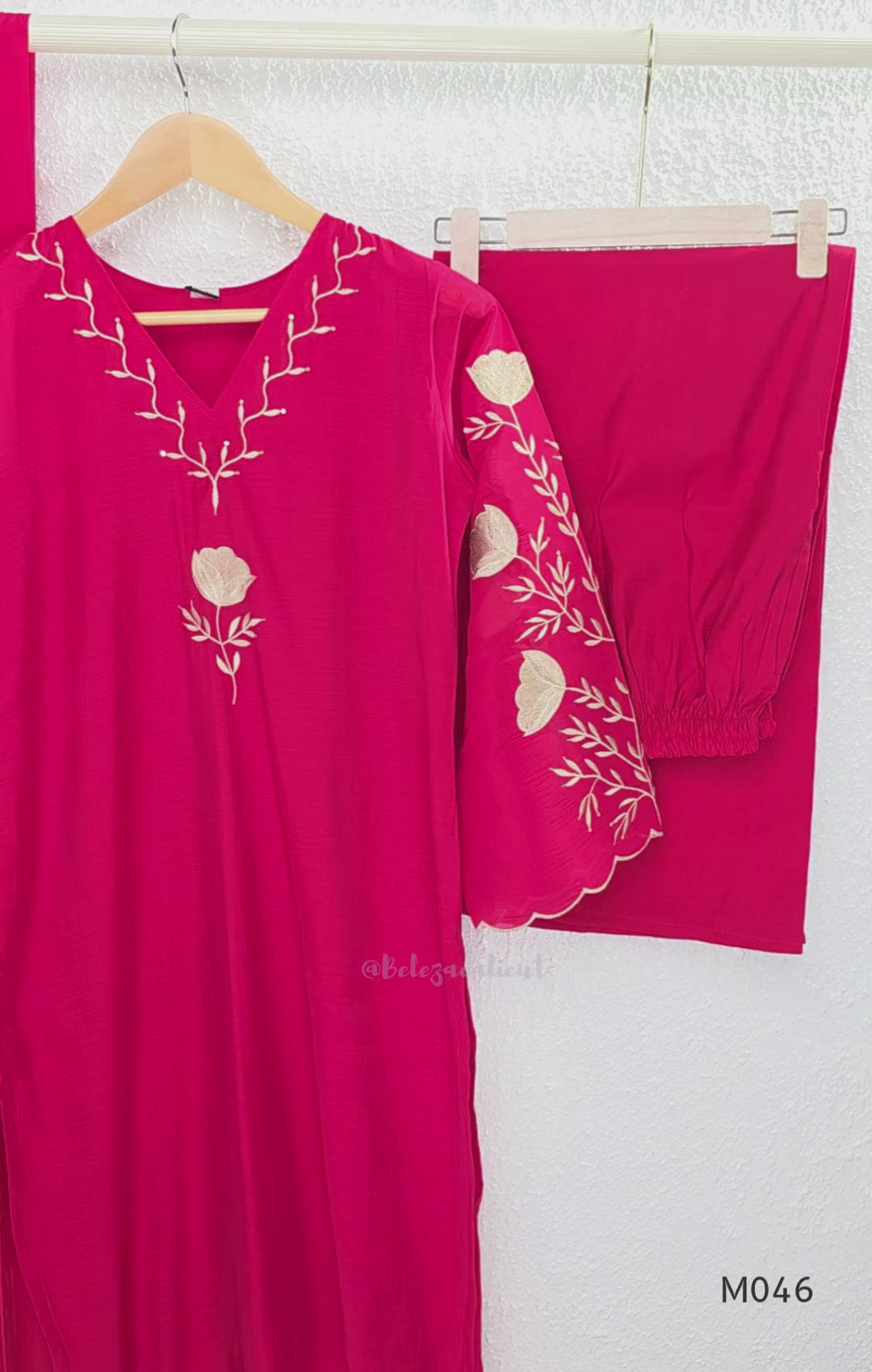 Bright rani red mul chanderi 3-piece churidar set with beige floral embroidery, scallop dupatta border and relaxed fit.