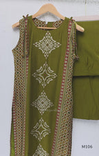 Olive green vertigan silk 2-piece set with straight kurta, white motif work, printed border panels and matching bottom.