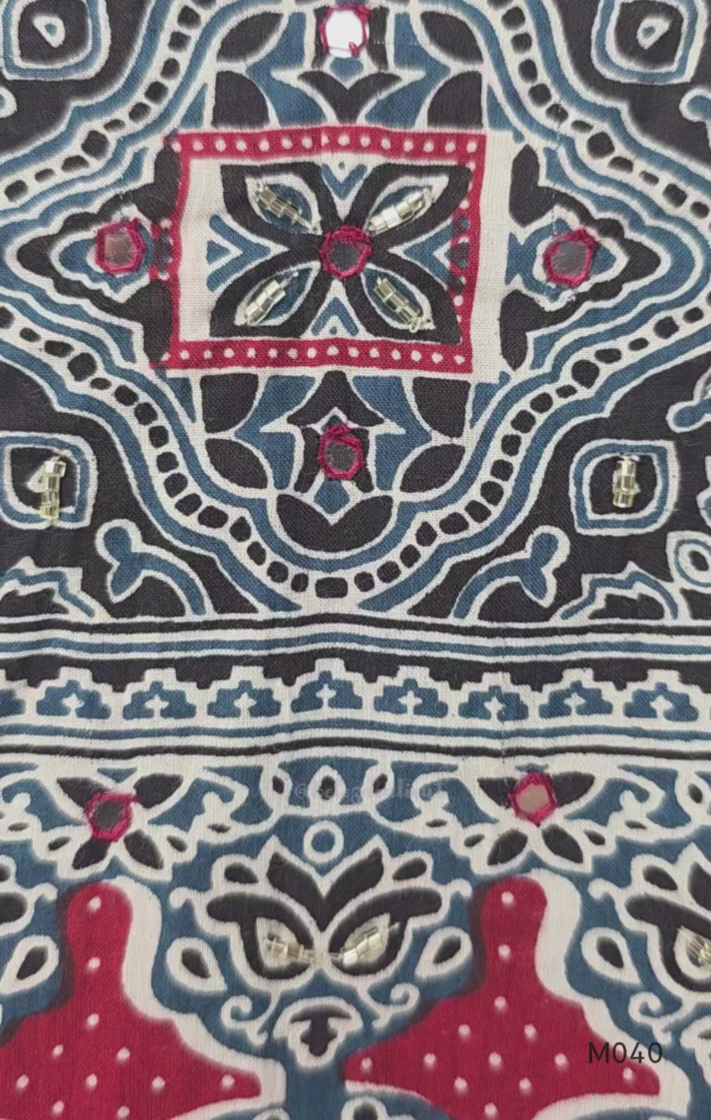 Black cotton 3-piece churidar set with red Ajrakh-style printed yoke, matching printed dupatta, and plain black cuffed pant.